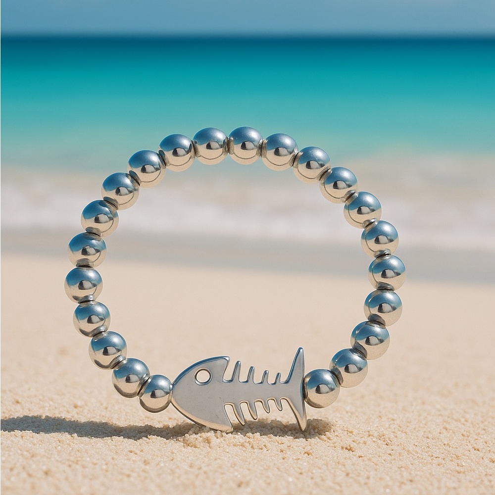 Fish Bone Silver Hammered Metal Bracelet